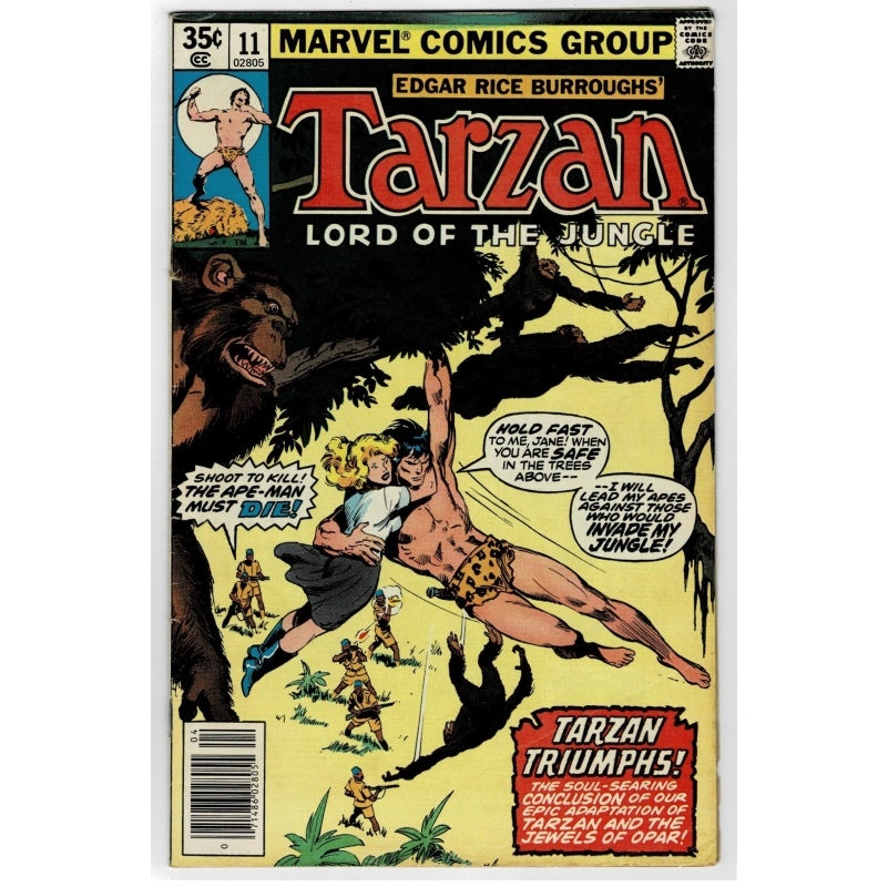 Vintage Marvel Comics Group Tarzan Lord of the Jungle comic book cover, issue 11, featuring illustrated cover art with Tarzan, Jane, a bear, and jungle scenery on a yellow background.