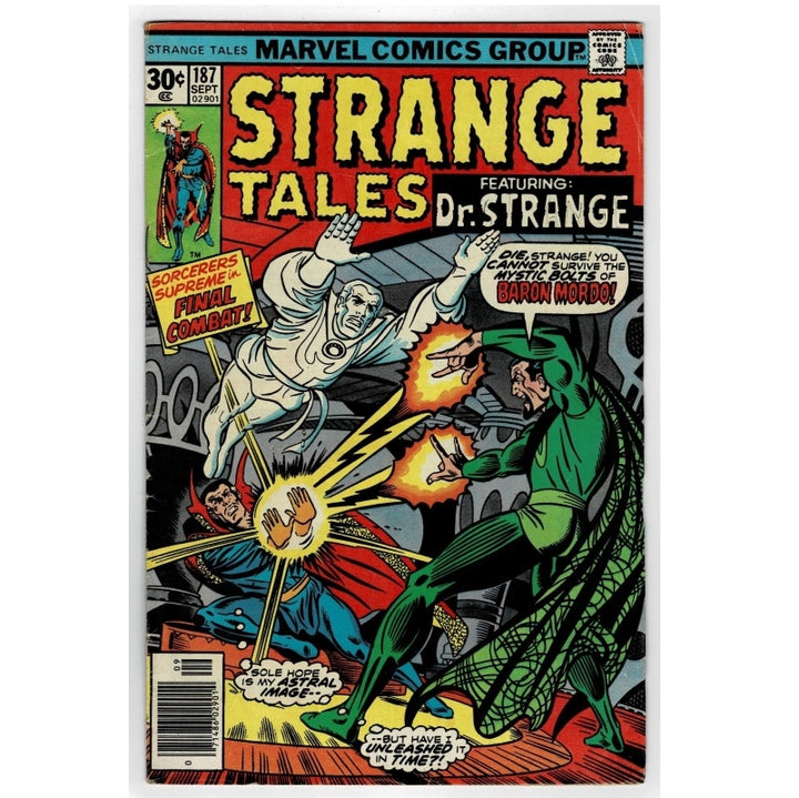Vintage Marvel Comics Group Strange Tales #187 comic book cover featuring Dr. Strange, with bold yellow title text, red and blue panels, and illustrated characters in action poses.