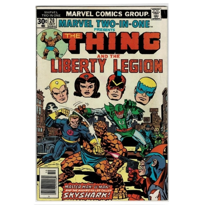Vintage Marvel Two-In-One comic book cover featuring 'The Thing and the Liberty Legion' issue 20, with illustrated characters and bold comic-style title text on a cream background.