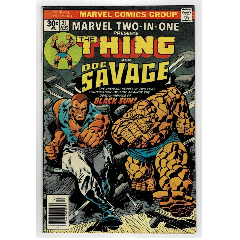 Comic book cover featuring 'The Thing' and 'Doc Savage' with Marvel Comics Group branding.
