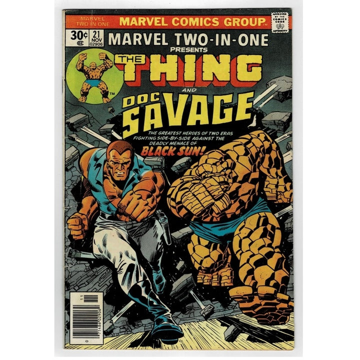 Comic book cover featuring 'The Thing' and 'Doc Savage' with Marvel Comics Group branding.