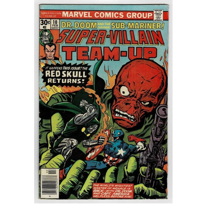 Vintage Marvel Comics Group 'Super-Villain Team-Up' issue 10 comic book cover, featuring Dr. Doom and the Sub-Mariner, with a large red skull character dominating the right side and Captain America in the center.
