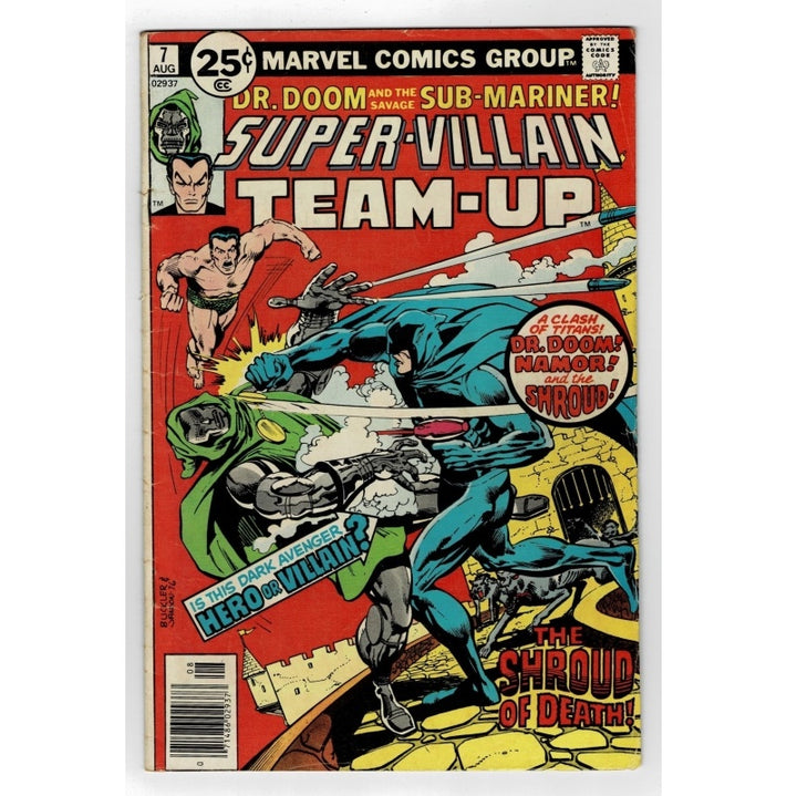 Vintage Marvel Comics Group 'Super-Villain Team-Up' issue #1 comic book cover, featuring Dr. Doom and the Sub-Mariner in a red, yellow, and blue illustrated cover design.