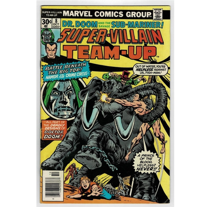 Marvel Comics Group Super-Villain Team-Up #8 comic book cover featuring Doctor Doom and a large elephant-like creature in a battle scene, with bold title text and comic-style artwork.