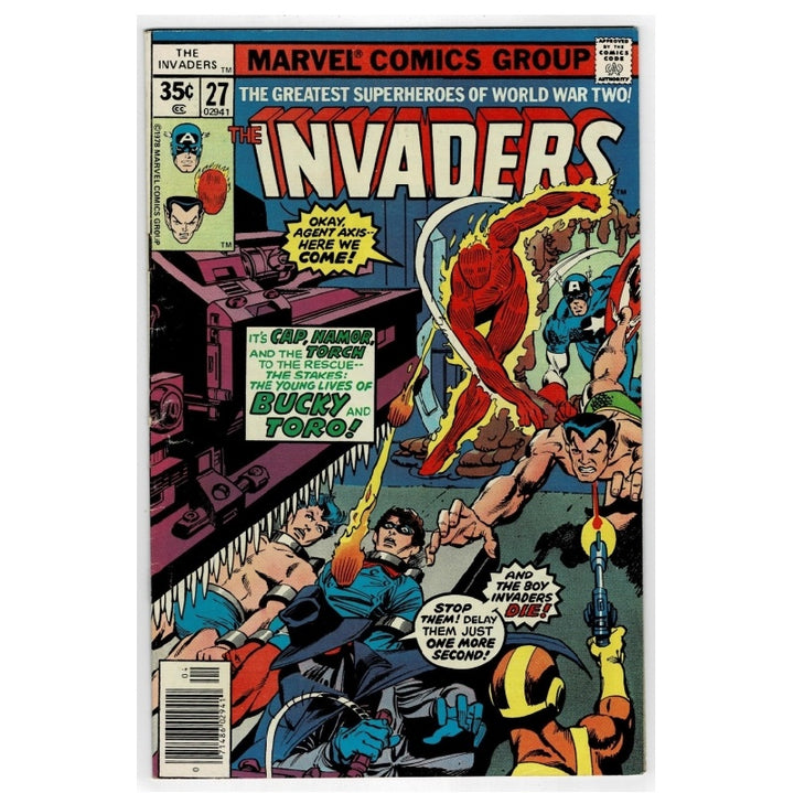 Vintage comic book cover for Marvel Comics Group's The Invaders issue #27, featuring illustrated superhero action scenes with multiple characters and bold comic-style text.