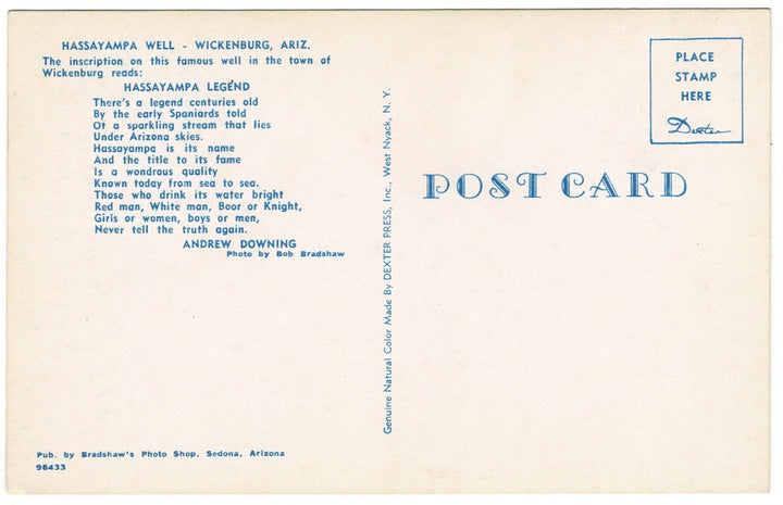 1950s Hassayampa Well Wickenburg Arizona Vintage Postcard, back.