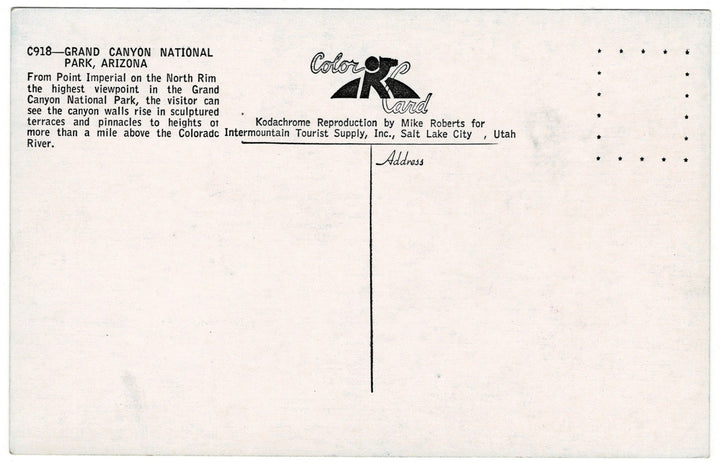 1950s Grand Canyon North Rim Point Arizona Vintage Postcard, back.