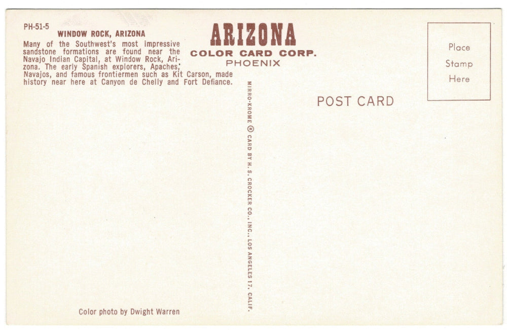 1950s Window Rock Arizona Vintage Postcard, back.