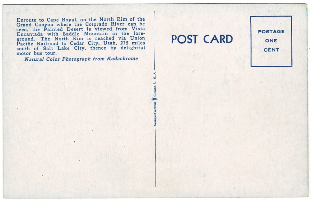 1940s Grand Canyon National Park Arizona Vintage Postcard, back.