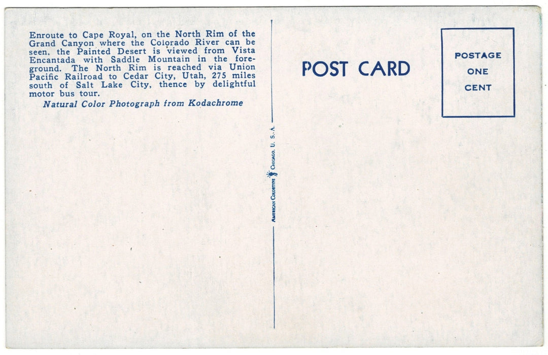 1940s Grand Canyon National Park Arizona Vintage Postcard, back.