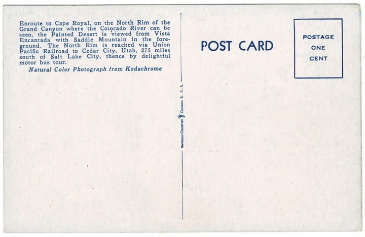 1940s Grand Canyon National Park Arizona Vintage Postcard, back.