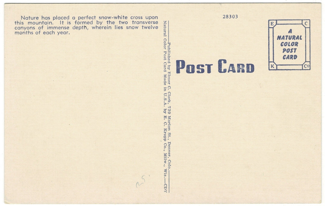 1940s Mount of the Holy Cross Colorado Vintage Postcard, back.