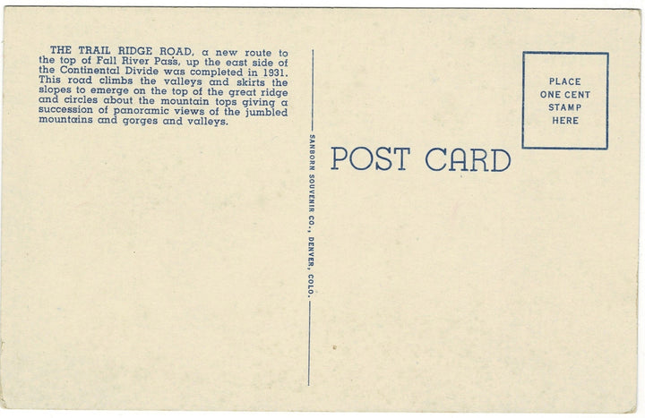 1930s Mount Ypsilon Colorado Vintage Postcard, back.