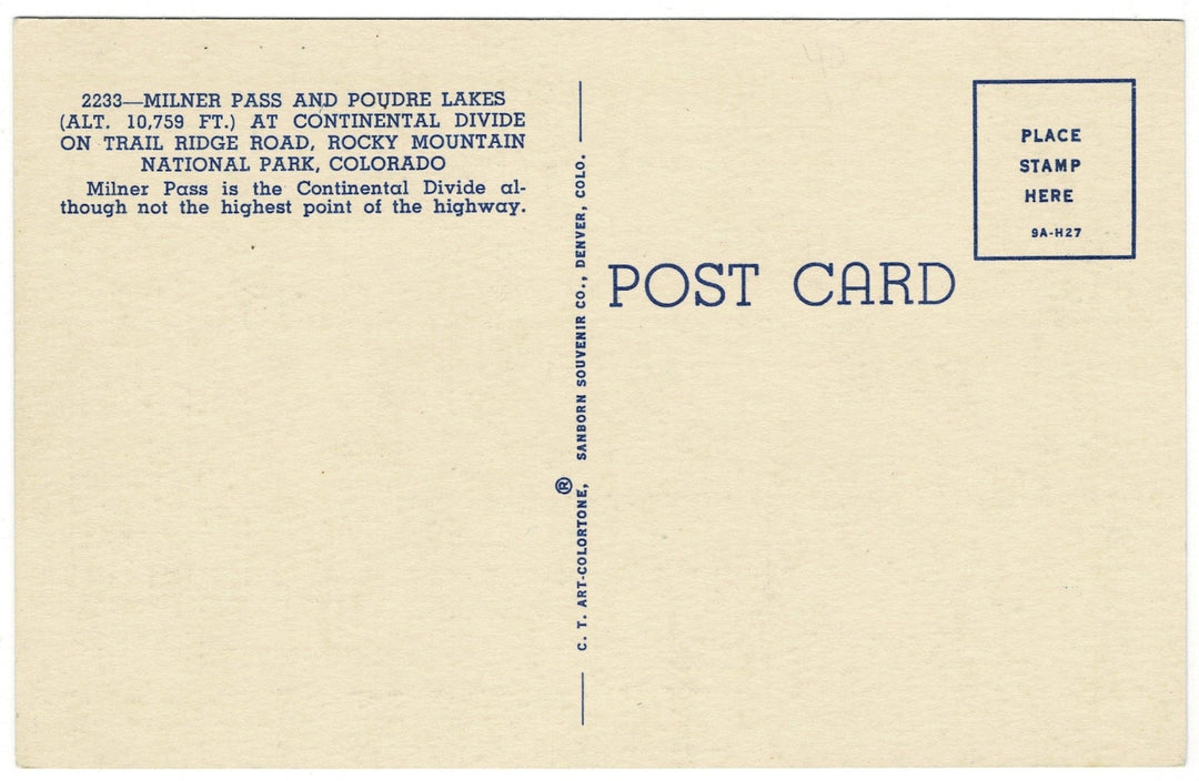 1930s Milner Pass and Poudre Lakes Colorado Vintage Postcard, back.