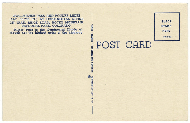 1930s Milner Pass and Poudre Lakes Colorado Vintage Postcard, back.