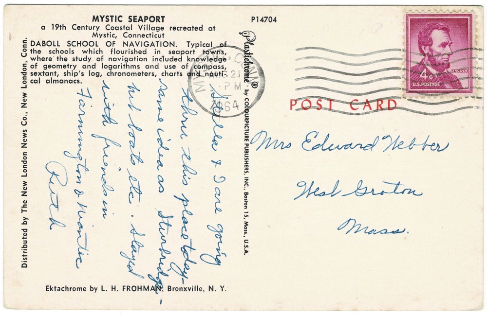 1960s Mystic Seaport School Connecticut Vintage Postcard, back.