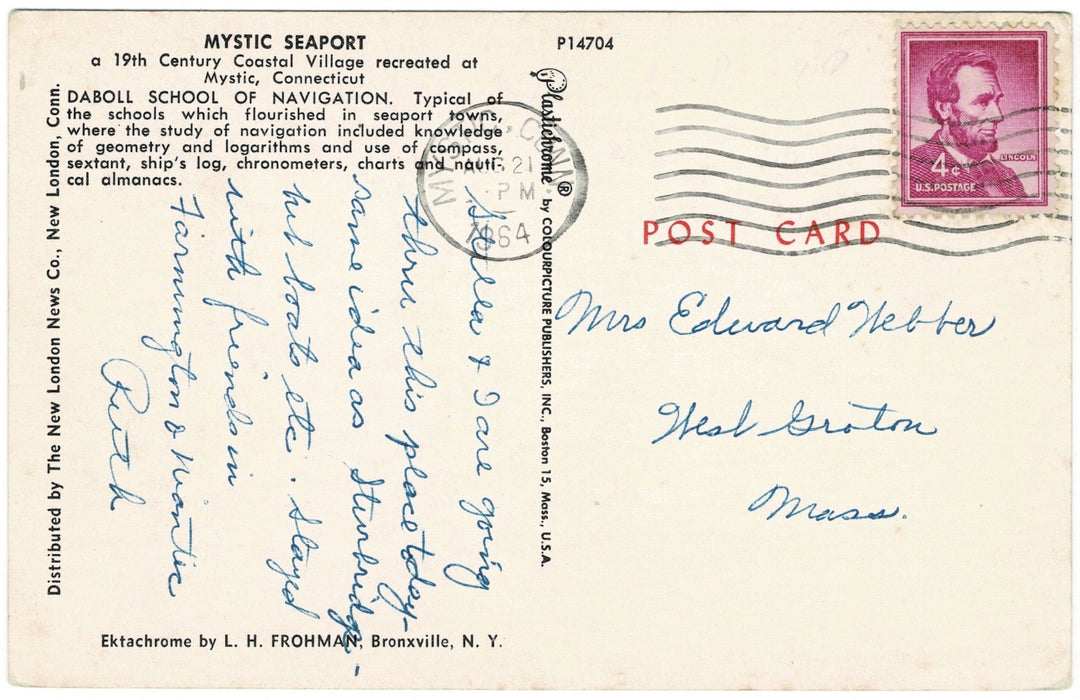 1960s Mystic Seaport School Connecticut Vintage Postcard, back.