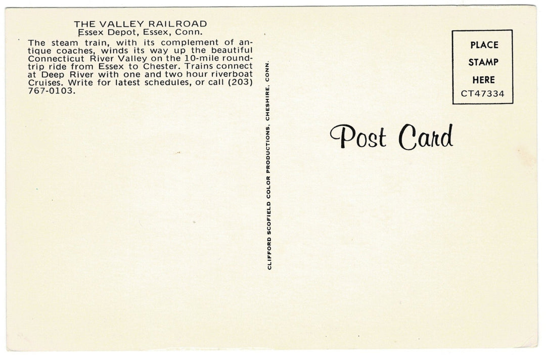 1970s Valley Railroad Train Essex Connecticut Vintage Postcard, back..
