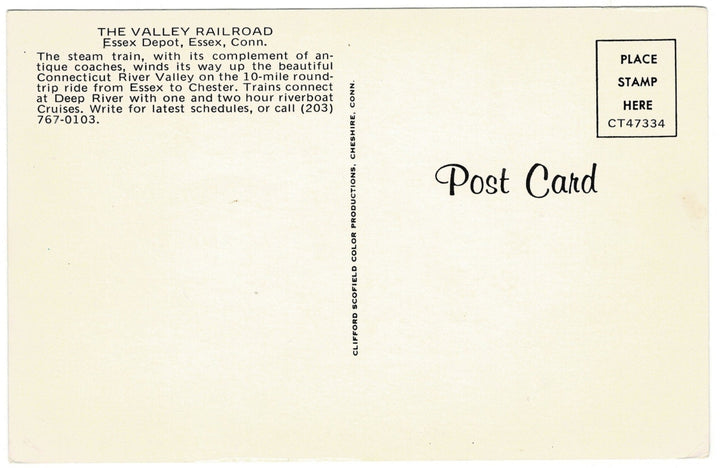 1970s Valley Railroad Train Essex Connecticut Vintage Postcard, back..