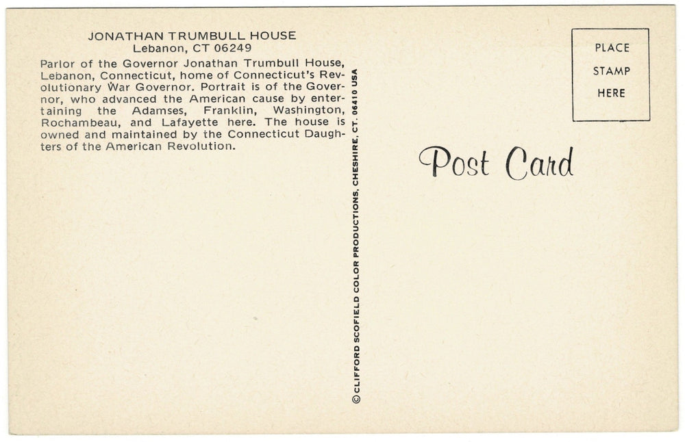 1960s Jonathon Trumbull House Lebanon Connecticut Vintage Postcard, back.