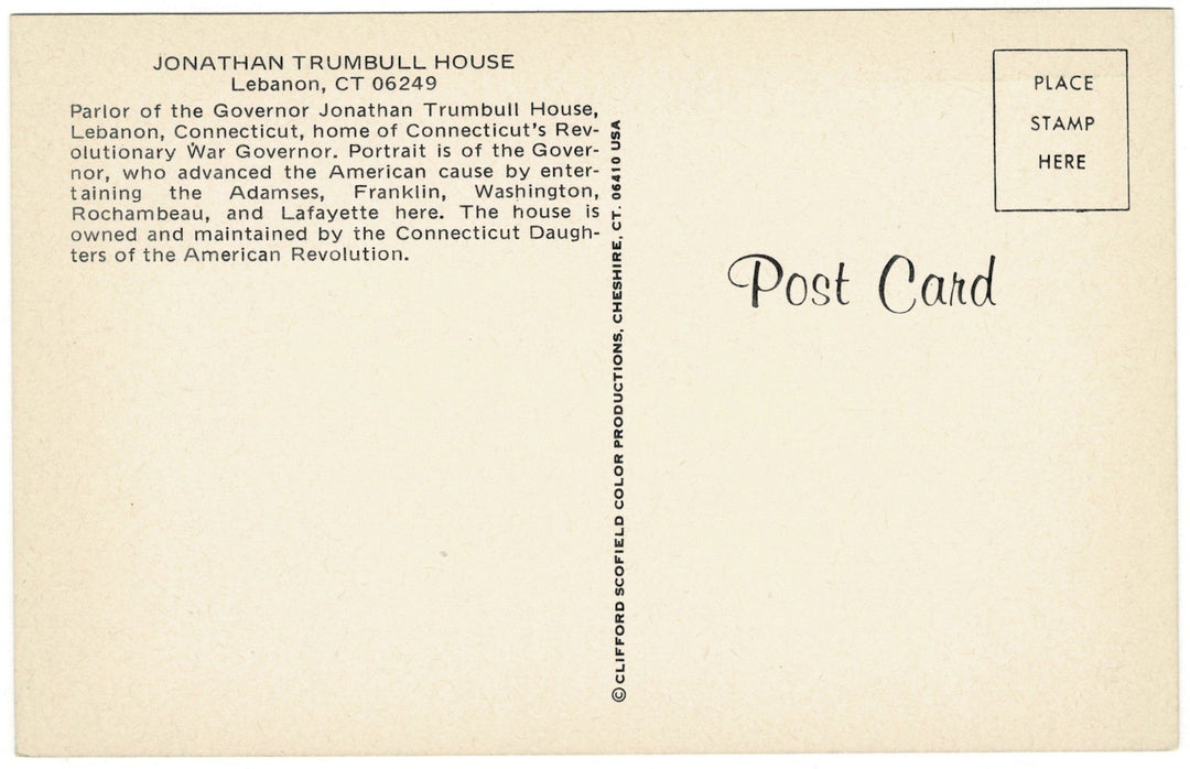 1960s Jonathon Trumbull House Lebanon Connecticut Vintage Postcard, back.