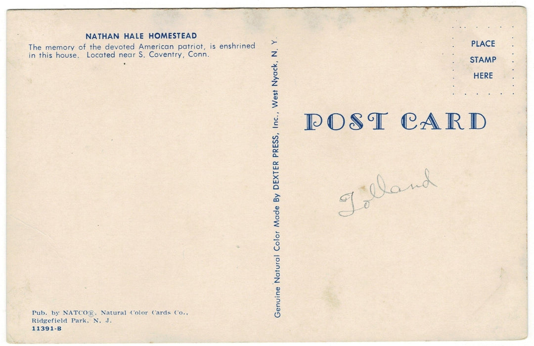 1950s Nathan Hale's Homestead Lebanon Connecticut Vintage Postcard, back.