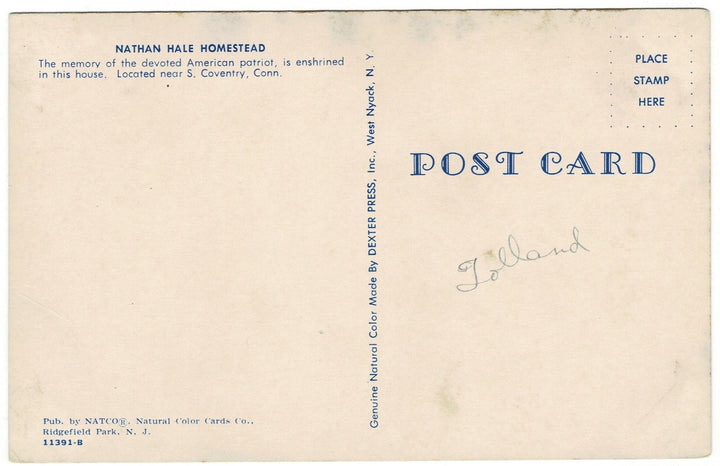 1950s Nathan Hale's Homestead Lebanon Connecticut Vintage Postcard, back.