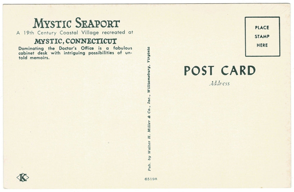 1960s Mystic Seaport Doctor's Office Connecticut Vintage Postcard, back.