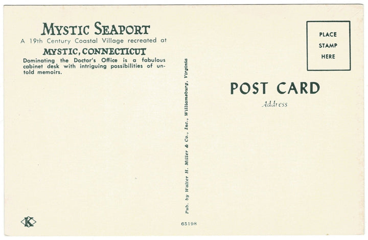 1960s Mystic Seaport Doctor's Office Connecticut Vintage Postcard, back.