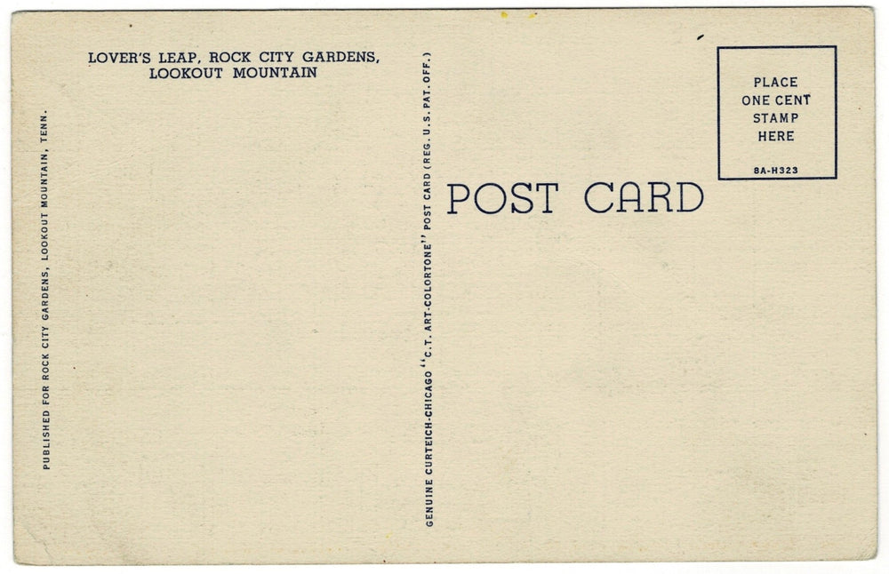 1930s Man at Lover's Leap Georgia Tennessee Border Vintage Postcard, back.
