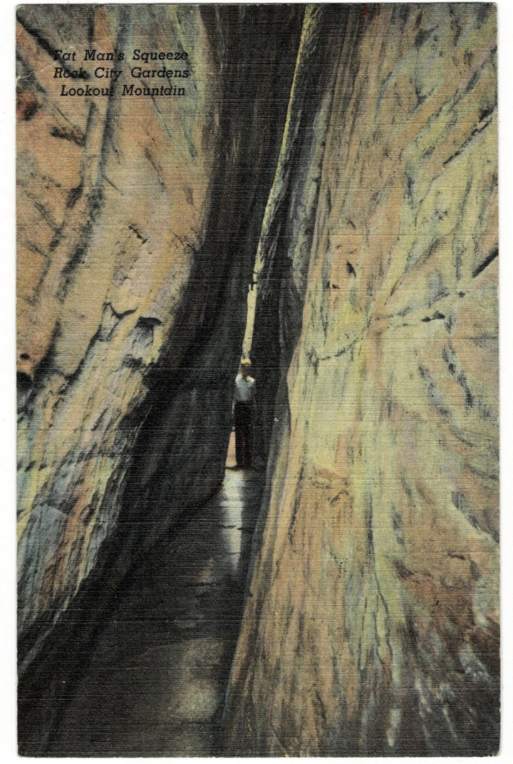 1930s Fat Man's Squeeze Lookout Mountain Georgia Vintage Postcard, Man standing in the crevice.
