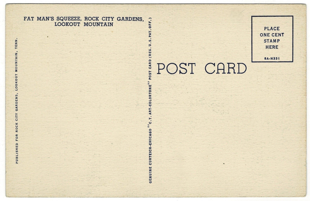 1930s Fat Man's Squeeze Lookout Mountain Georgia Vintage Postcard, back view of the postcard.