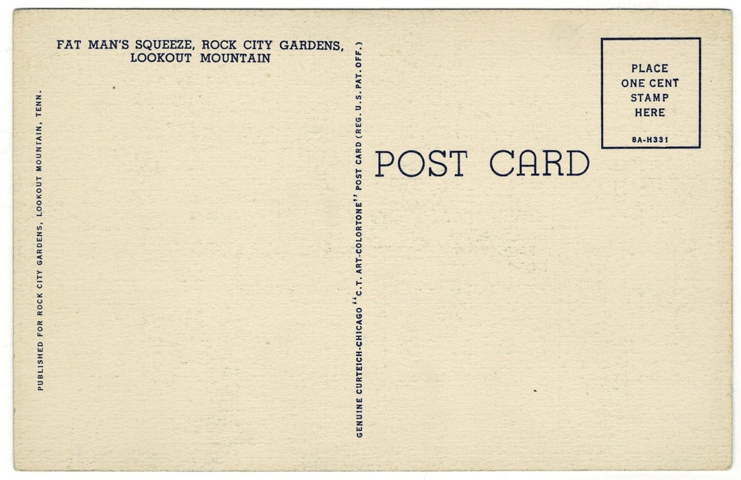 1930s Fat Man's Squeeze Lookout Mountain Georgia Vintage Postcard, back view of the postcard.