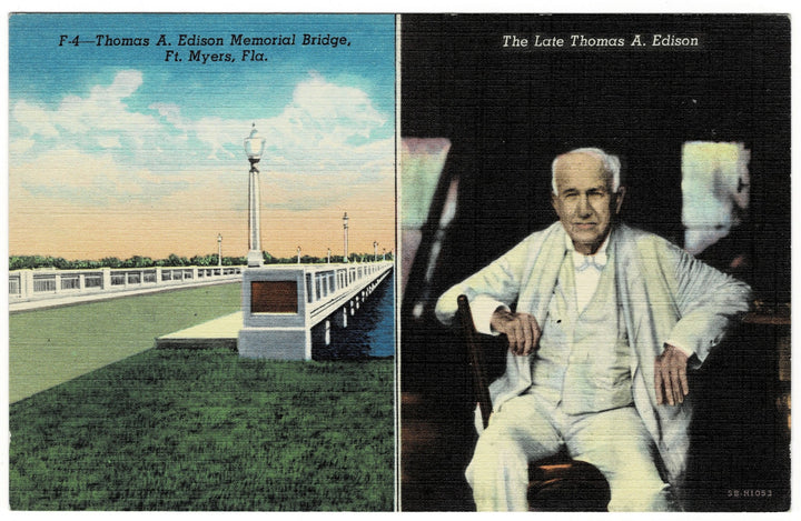 1945 Thomas Edison & Memorial Bridge Fort Myers Florida Vintage Postcard.