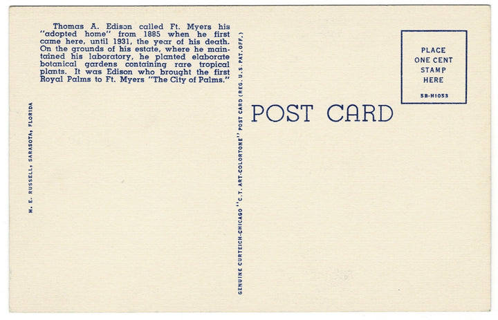 1945 Thomas Edison & Memorial Bridge Fort Myers Florida Vintage Postcard.