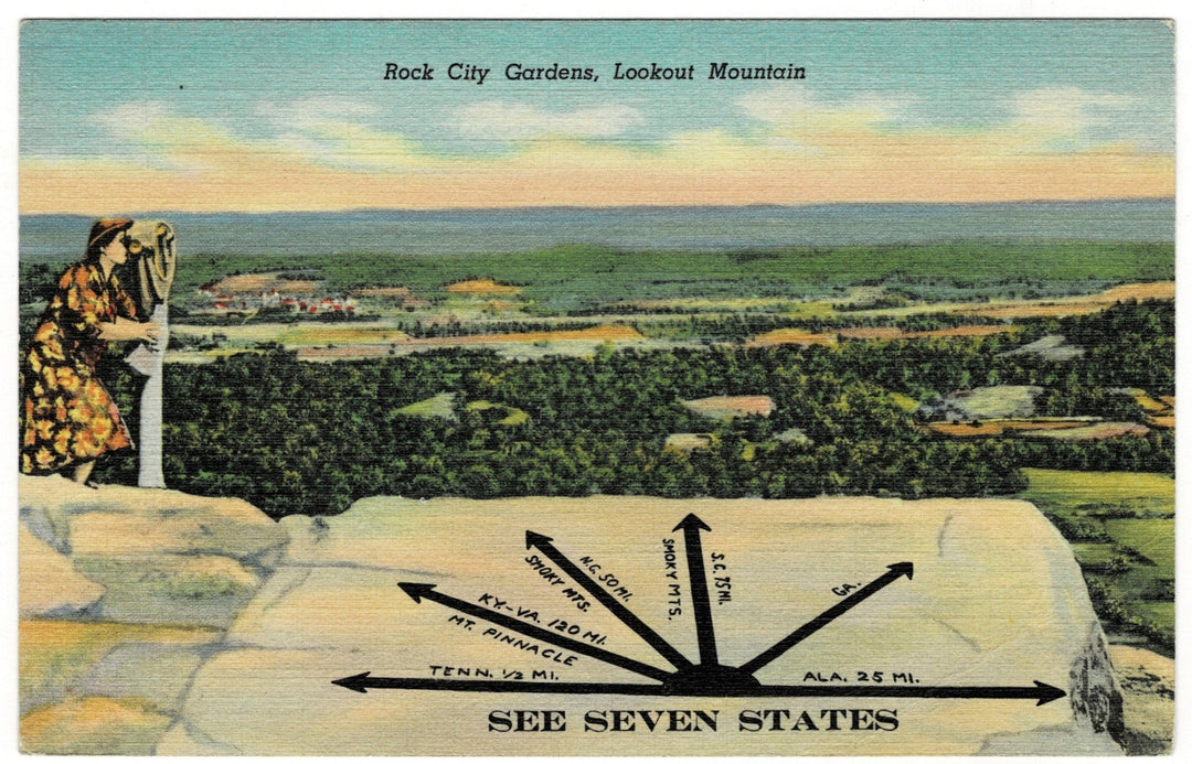 1930s Seven States From Lookout Mountain Georgia Vintage Postcard.