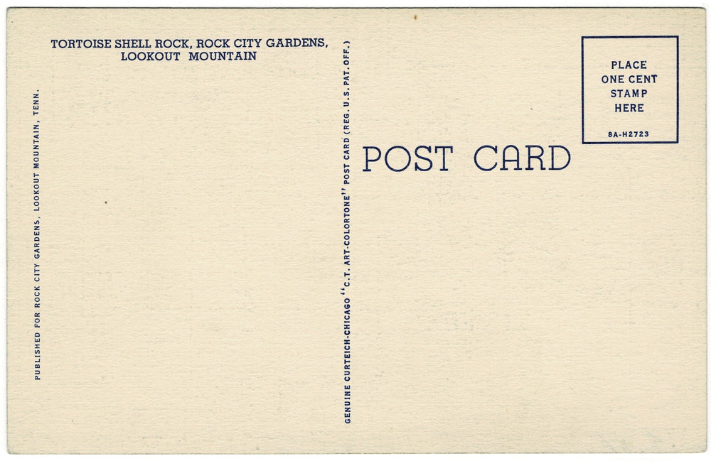 1930s Tortoise Shell Rock Lookout Mountain Georgia Vintage Postcard, back.