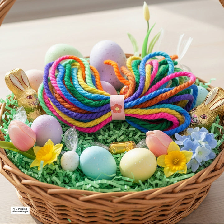 Easter basket with colorful eggs, vintage yarn hair ties, and decorative elements on a light background.