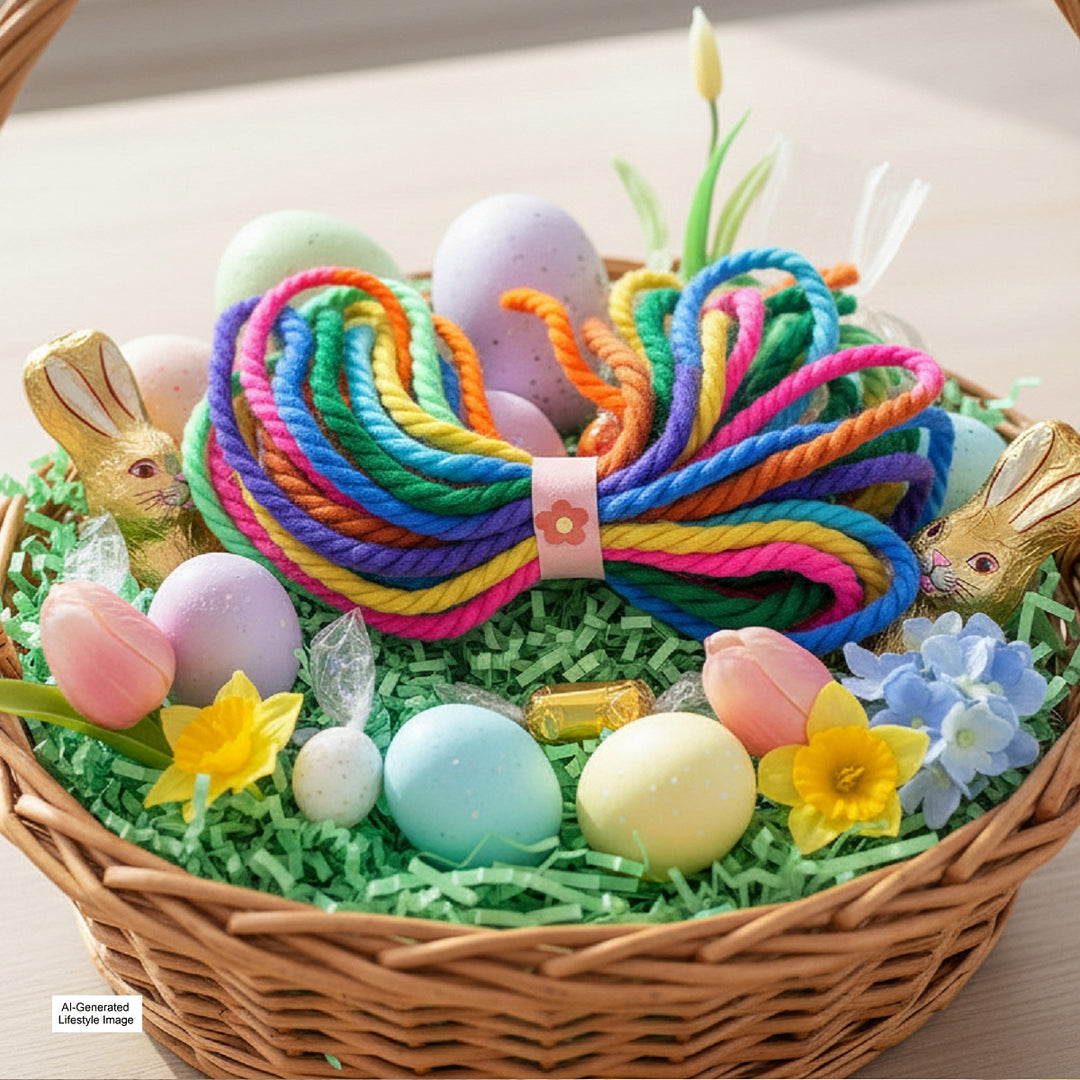 Easter basket with colorful eggs, vintage yarn hair ties, and decorative elements on a light background.