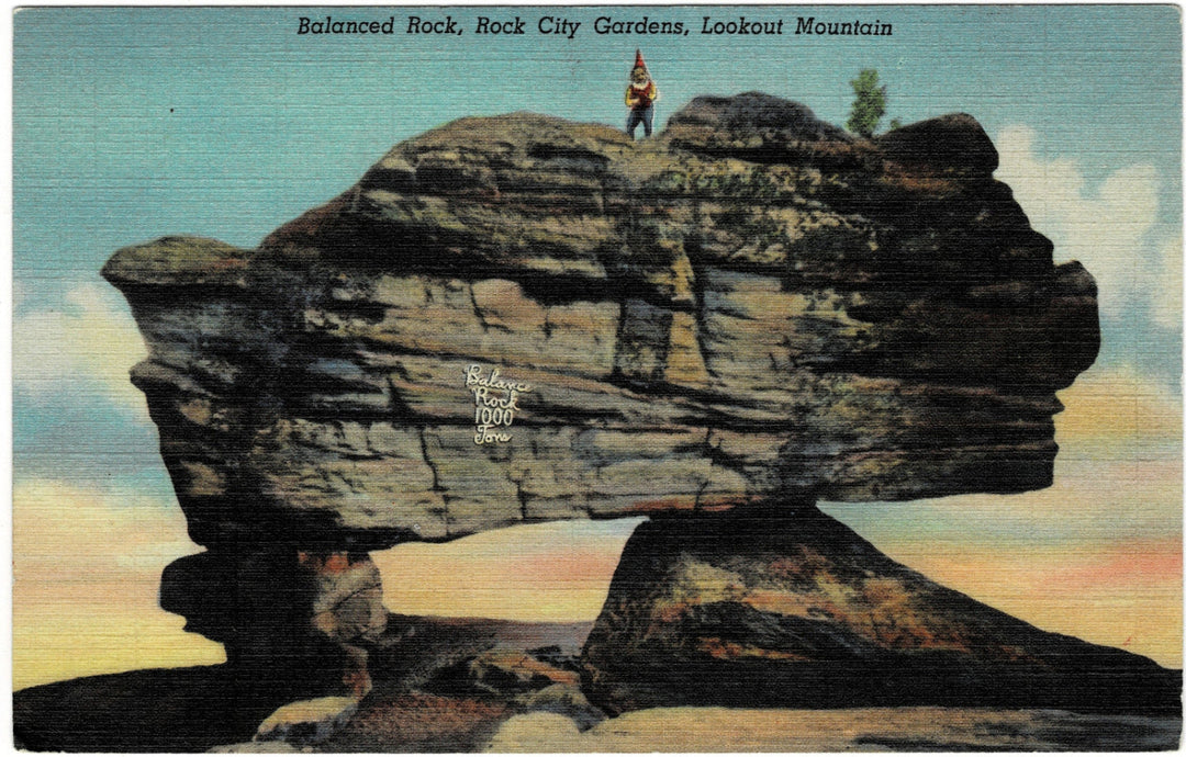 1930s Gnome Atop Balanced Rock Lookout Mountain Georgia Vintage Postcard.