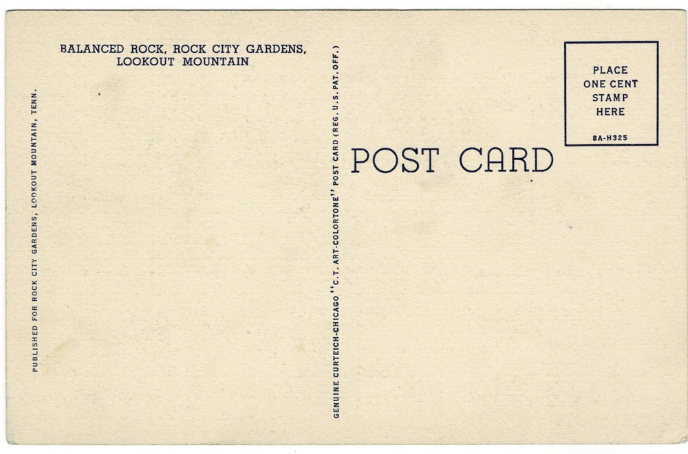 1930s Gnome Atop Balanced Rock Lookout Mountain Georgia Vintage Postcard, back.