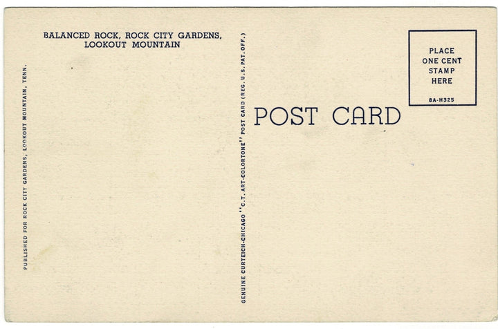 1930s Gnome Atop Balanced Rock Lookout Mountain Georgia Vintage Postcard, back.