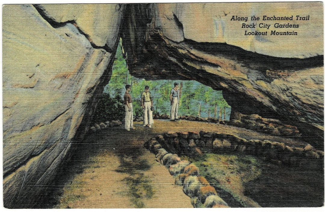 1930s Men At Enchanted Trail Lookout Mountain Georgia Vintage Postcard.