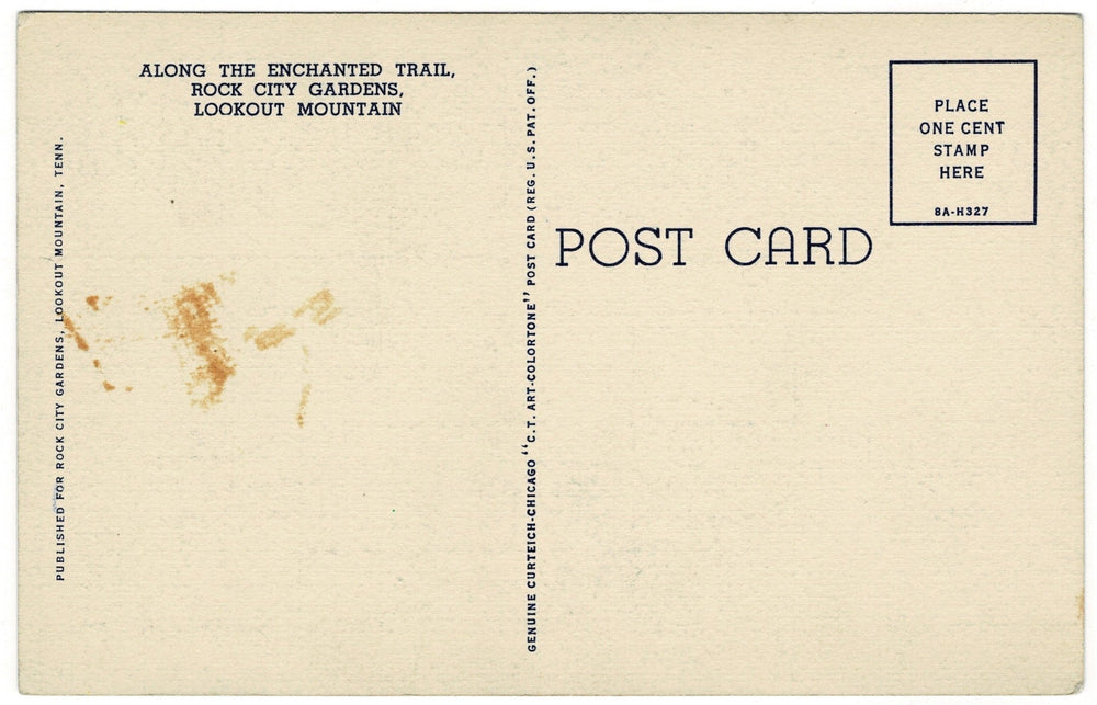 1930s Men At Enchanted Trail Lookout Mountain Georgia Vintage Postcard, back view.