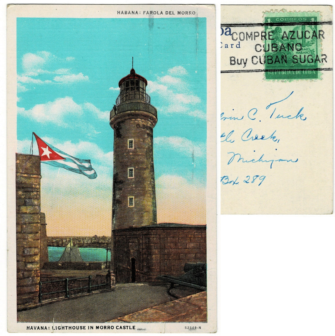 Vintage Cuba postcard and stamp.