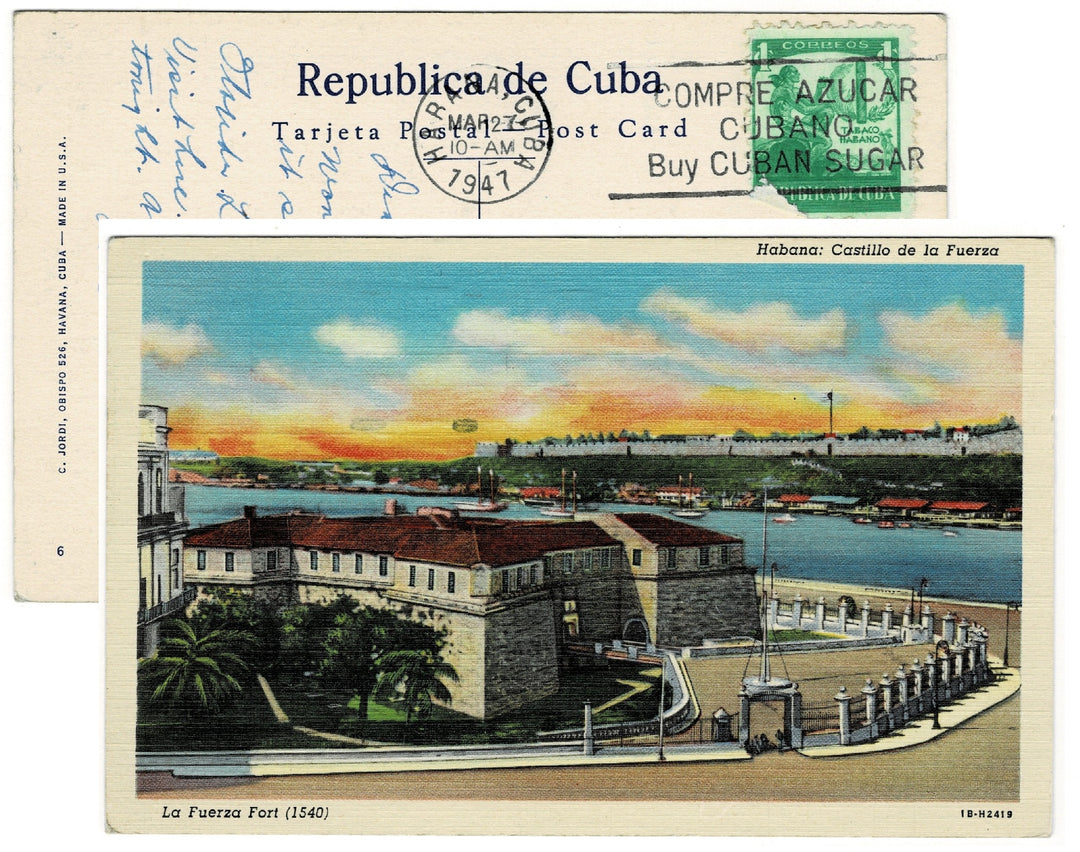 Cuba vintage postcard and stamp.
