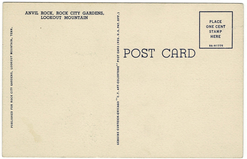 1930s Anvil Rock Lookout Mountain Georgia Vintage Postcard, back view.