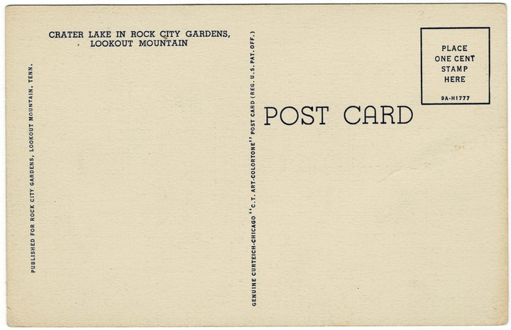 1930s Crater Lake Lookout Mountain Georgia Vintage Postcard, back view.
