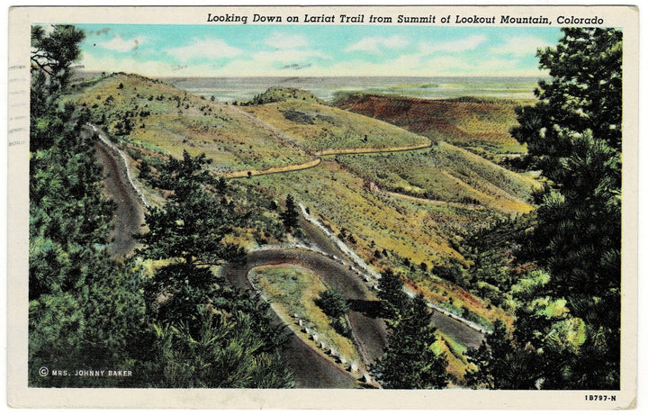 11940s Lariat Trail Golden CO Postcard, Buffalo Bill Museum Seal.