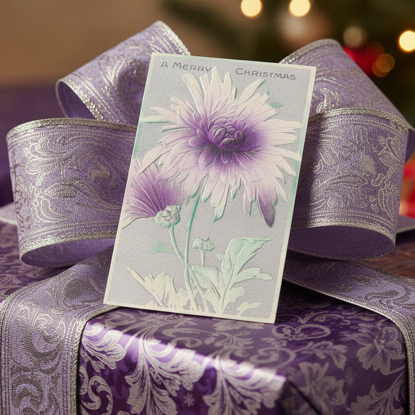 1912 Purple Petals of Goodwill Chrysanthemums Vintage Christmas Postcard,